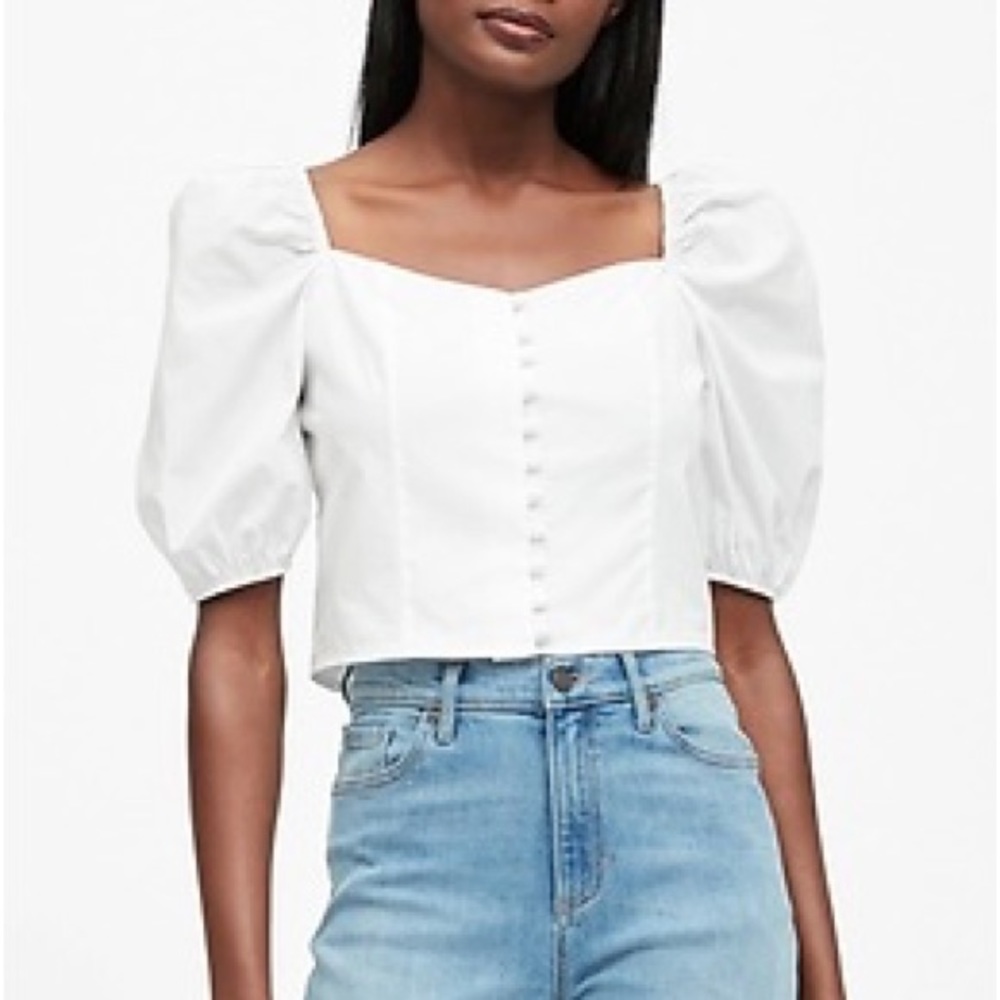 Banana Republic Puff Sleeve White Crop Top with buttons, size L